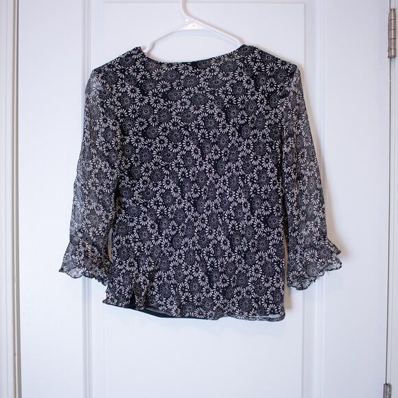 Sheer Black Floral Beaded Blouse NYC Design Co Tie Front Top P Med | True Winter - Picture 2 of 9